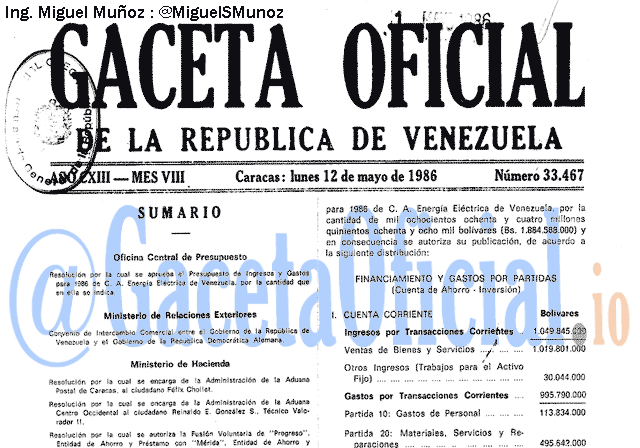 Gaceta Oficial 33467 del 12 Mayo 1986