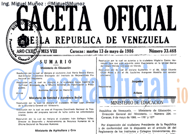 Gaceta Oficial 33468 del 13 Mayo 1986