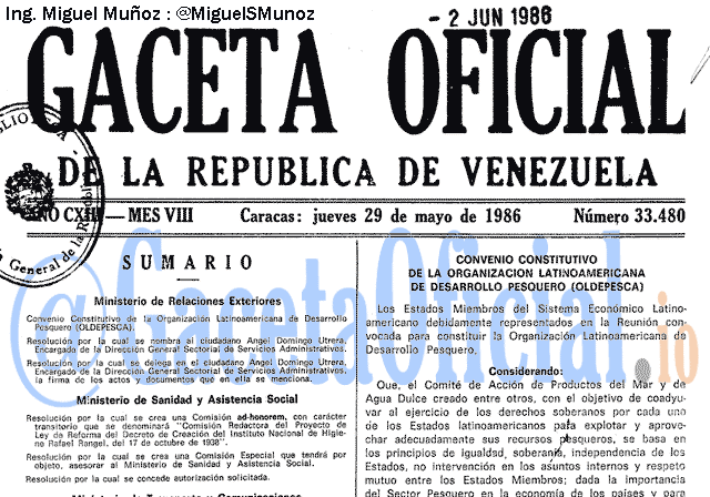 Gaceta Oficial 33480 del 29 Mayo 1986