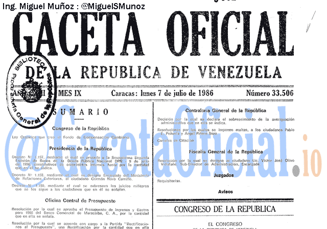 Gaceta Oficial 33506 del 7 Julio 1986