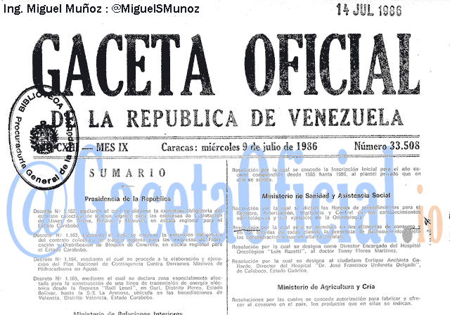 Gaceta Oficial 33508 del 9 Julio 1986
