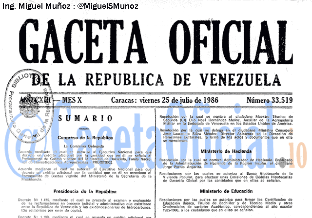 Gaceta Oficial 33519 del 25 Julio 1986