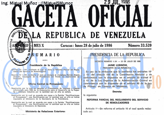 Gaceta Oficial 33520 del 28 Julio 1986