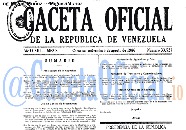 Gaceta Oficial 33527 del 6 Agosto 1986