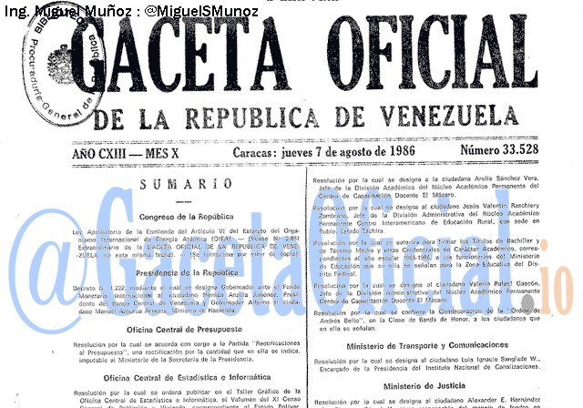 Gaceta Oficial 33528 del 7 Agosto 1986