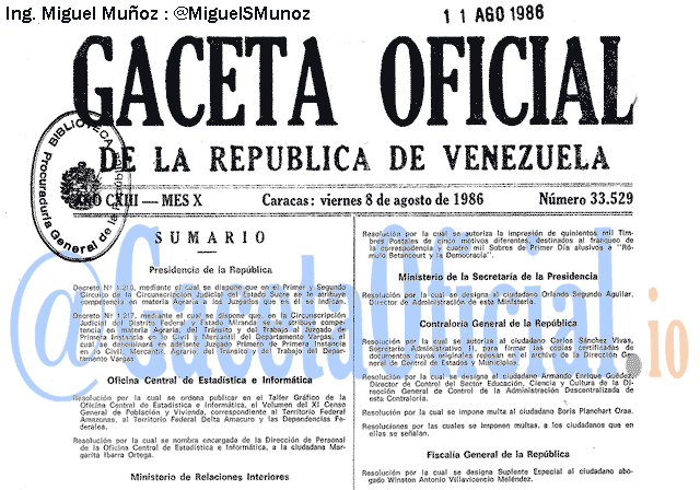 Gaceta Oficial 33529 del 8 Agosto 1986