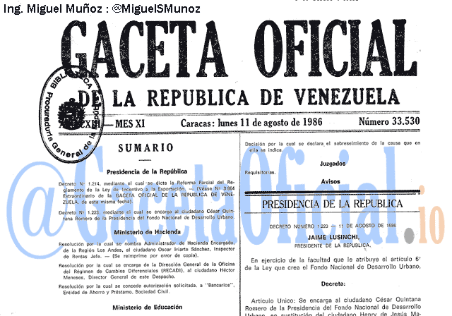 Gaceta Oficial 33530 del 11 Agosto 1986