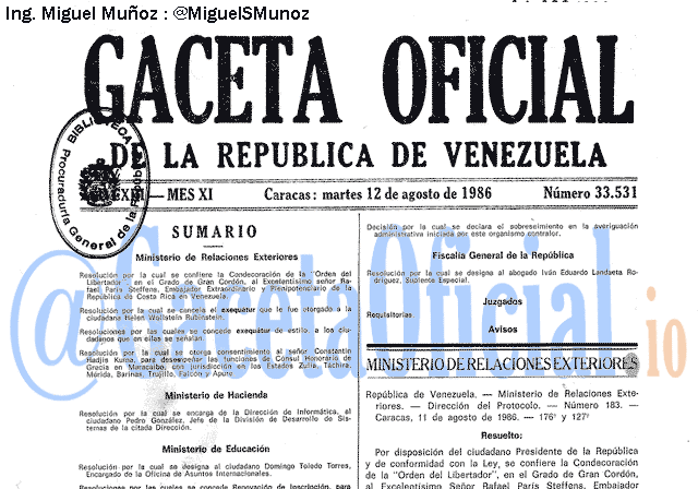 Gaceta Oficial 33531 del 12 Agosto 1986