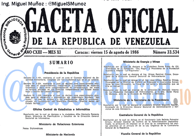 Gaceta Oficial 33534 del 15 Agosto 1986