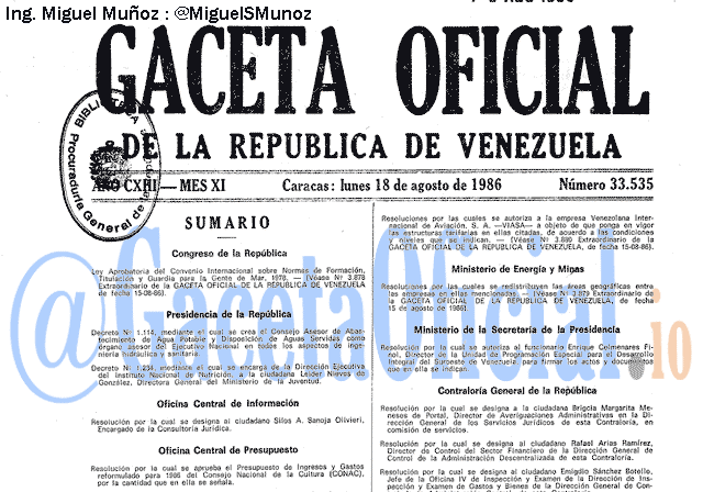 Gaceta Oficial 33535 del 18 Agosto 1986