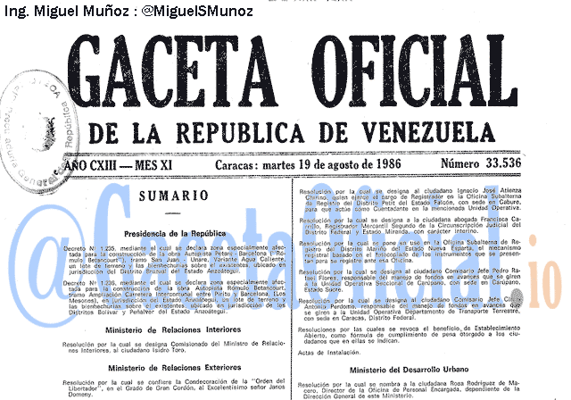 Gaceta Oficial 33536 del 19 Agosto 1986