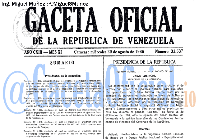 Gaceta Oficial 33537 del 20 Agosto 1986