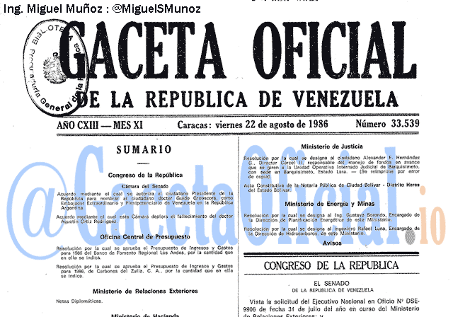 Gaceta Oficial 33539 del 22 Agosto 1986