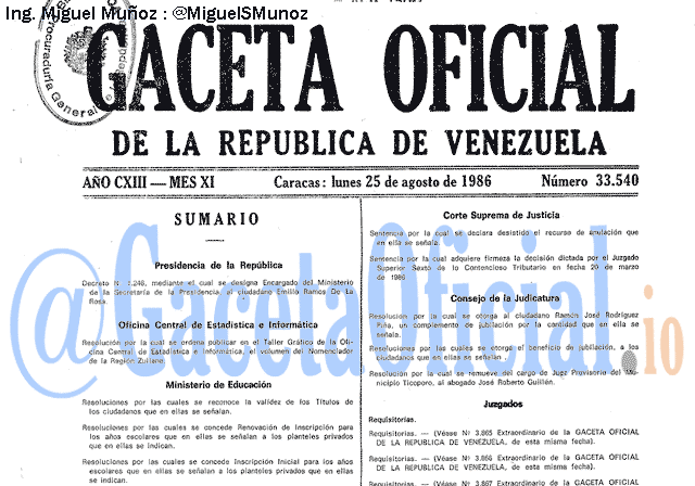 Gaceta Oficial 33540 del 25 Agosto 1986