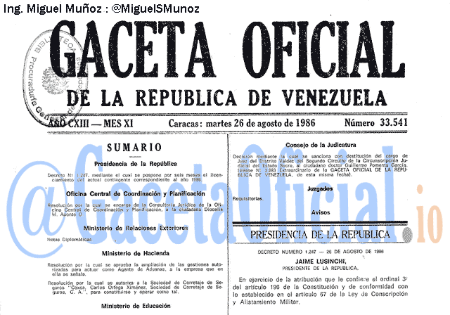 Gaceta Oficial 33541 del 26 Agosto 1986