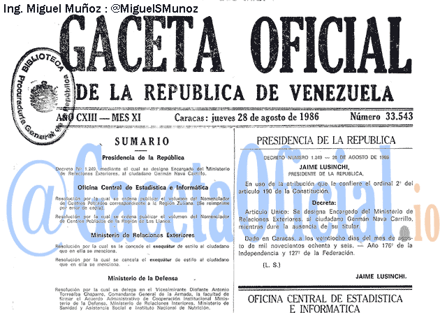 Gaceta Oficial 33543 del 28 Agosto 1986
