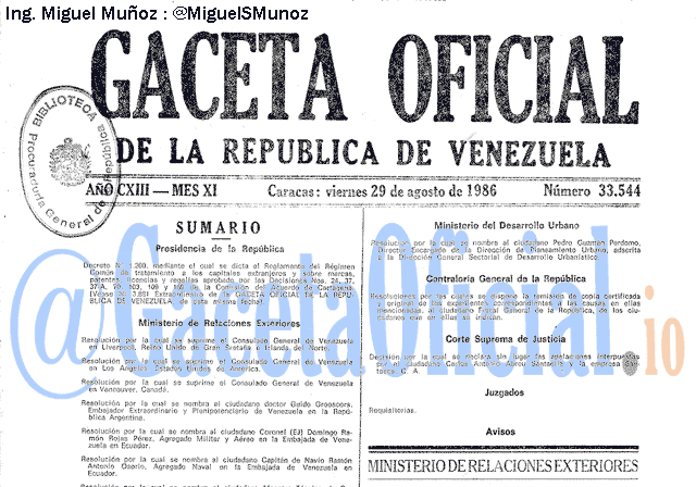 Gaceta Oficial 33544 del 29 Agosto 1986