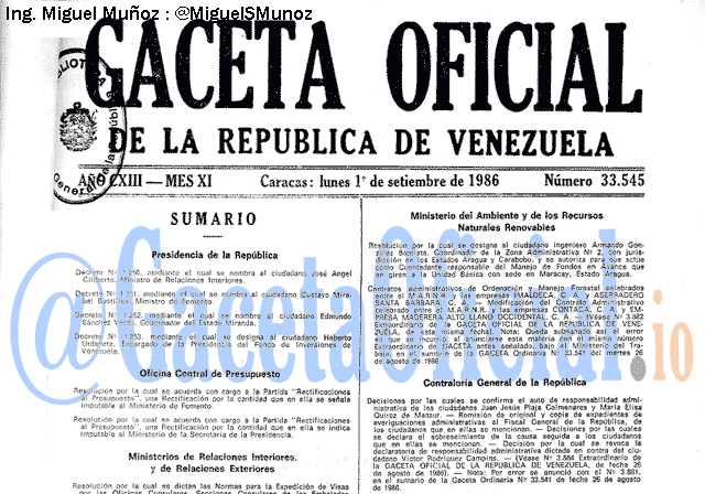 Gaceta Oficial 33545 del 1 Septiembre 1986