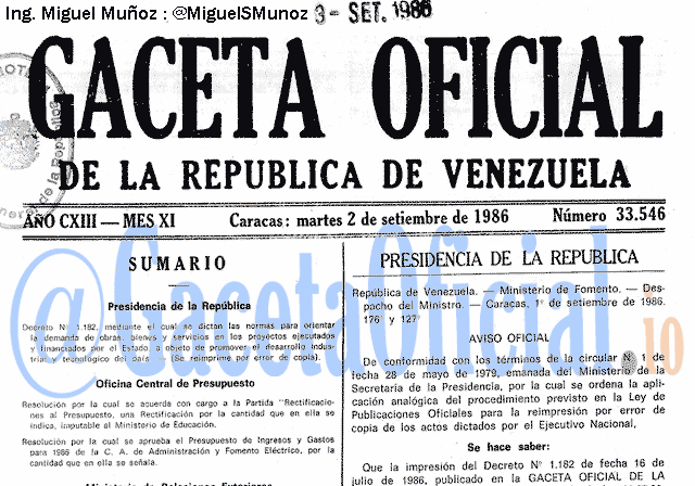 Gaceta Oficial 33546 del 2 Septiembre 1986