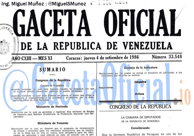Gaceta Oficial 33548 del 4 Septiembre 1986