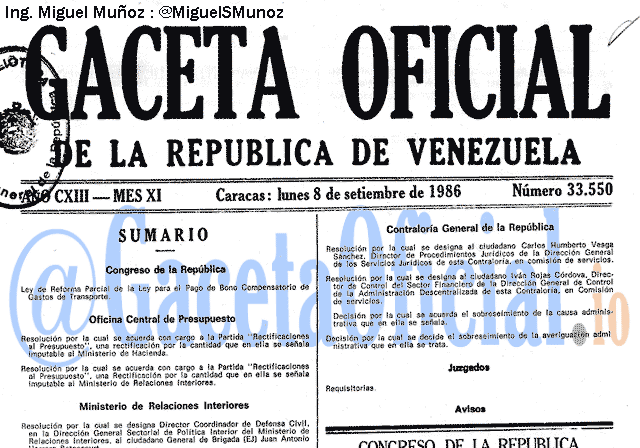 Gaceta Oficial 33550 del 8 Septiembre 1986