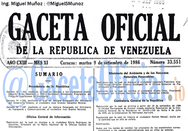 Gaceta Oficial 33551 del 9 Septiembre 1986