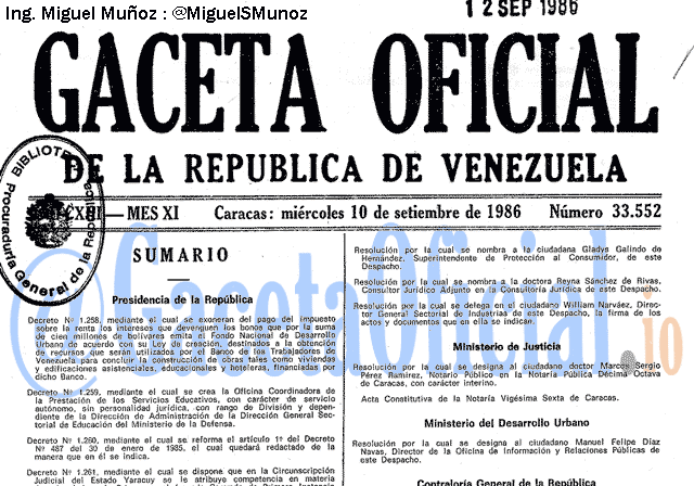 Gaceta Oficial 33552 del 10 Septiembre 1986