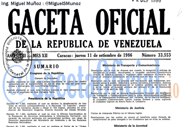 Gaceta Oficial 33553 del 11 Septiembre 1986