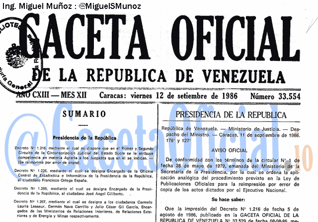 Gaceta Oficial 33554 del 12 Septiembre 1986