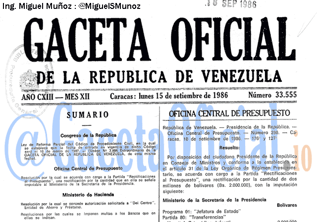 Gaceta Oficial 33555 del 15 Septiembre 1986