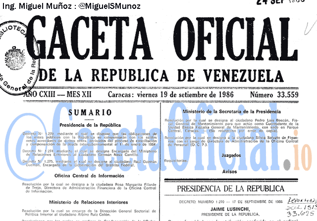 Gaceta Oficial 33559 del 19 Septiembre 1986