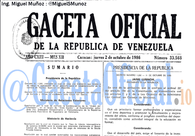 Gaceta Oficial 33568 del 2 Octubre 1986