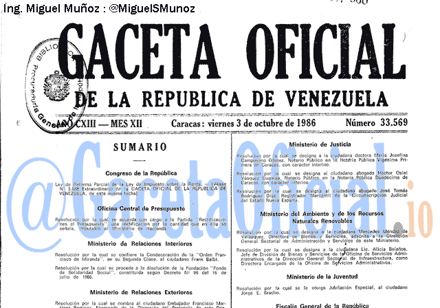 Gaceta Oficial 33569 del 3 Octubre 1986