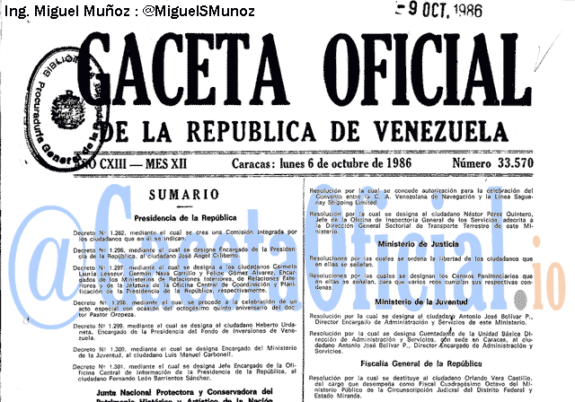 Gaceta Oficial 33570 del 6 Octubre 1986