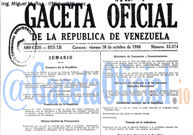Gaceta Oficial 33574 del 10 Octubre 1986