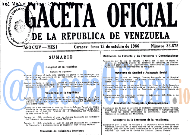 Gaceta Oficial 33575 del 13 Octubre 1986
