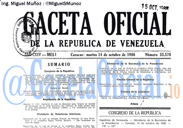 Gaceta Oficial 33576 del 14 Octubre 1986