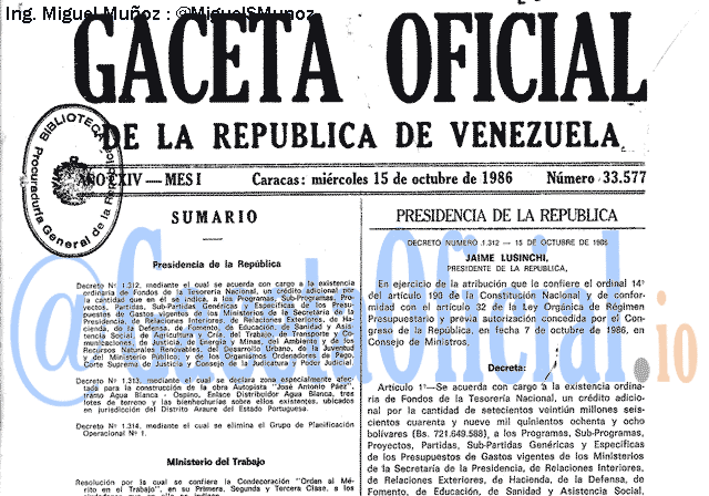 Gaceta Oficial 33577 del 15 Octubre 1986