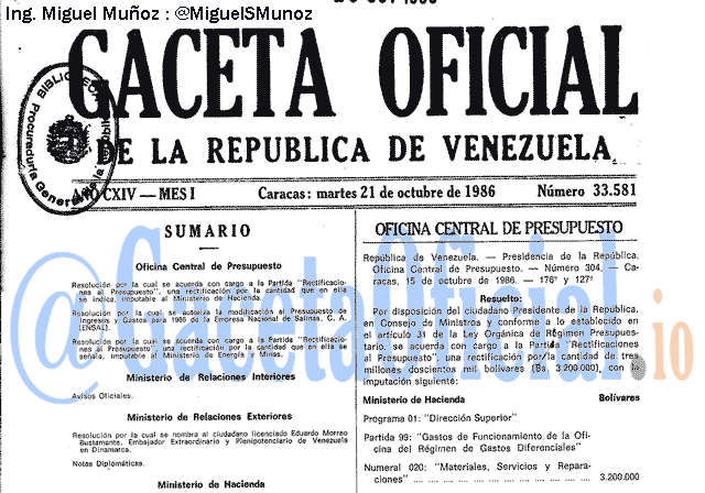 Gaceta Oficial 33581 del 21 Octubre 1986