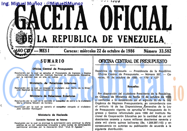 Gaceta Oficial 33582 del 22 Octubre 1986