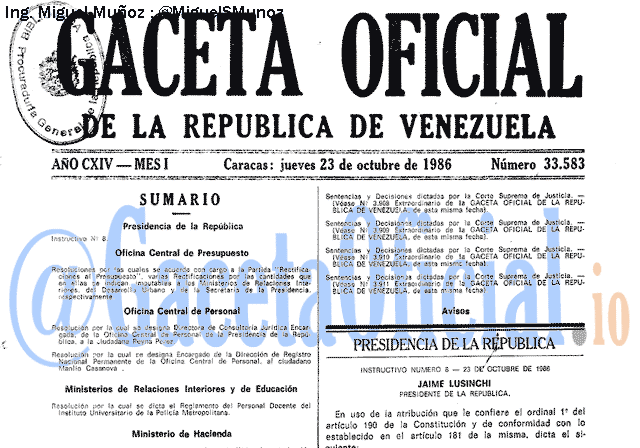 Gaceta Oficial 33583 del 23 Octubre 1986