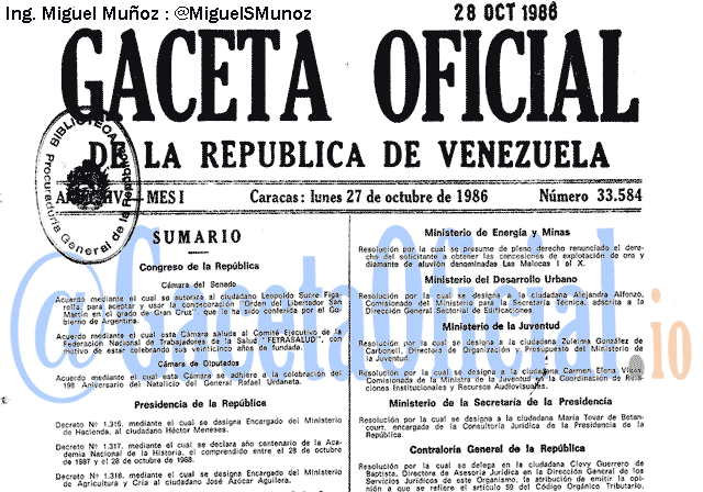 Gaceta Oficial 33584 del 27 Octubre 1986