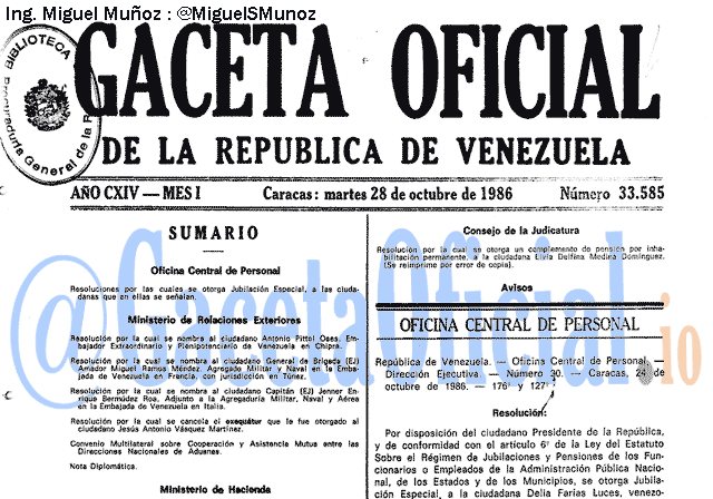 Gaceta Oficial 33585 del 28 Octubre 1986