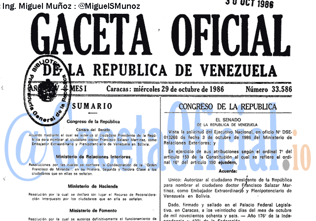 Gaceta Oficial 33586 del 29 Octubre 1986
