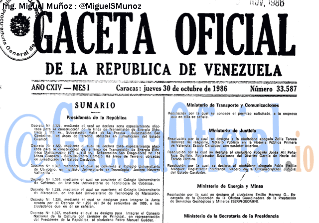 Gaceta Oficial 33587 del 30 Octubre 1986