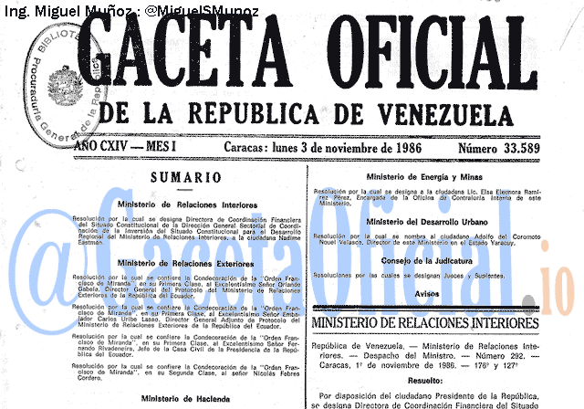 Gaceta Oficial 33589 del 3 Noviembre 1986