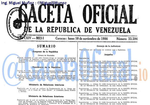 Gaceta Oficial 33594 del 10 Noviembre 1986