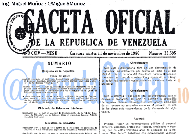 Gaceta Oficial 33595 del 11 Noviembre 1986