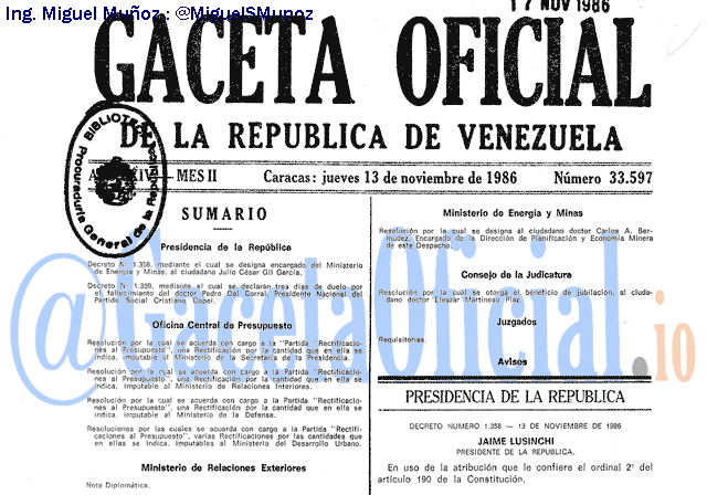 Gaceta Oficial 33597 del 13 Noviembre 1986