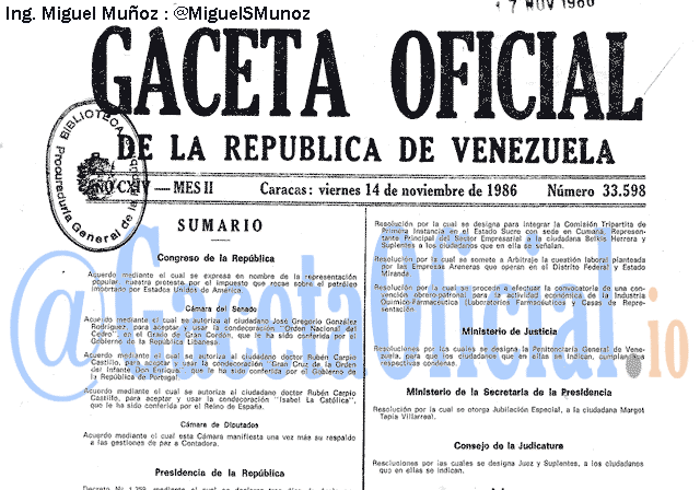 Gaceta Oficial 33598 del 14 Noviembre 1986